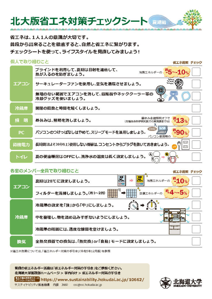 北大版省エネルギーチェックシート（夏期編）